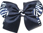 Large Navy over Navy and White Zebra Stripes Double Layer Overlay Bow